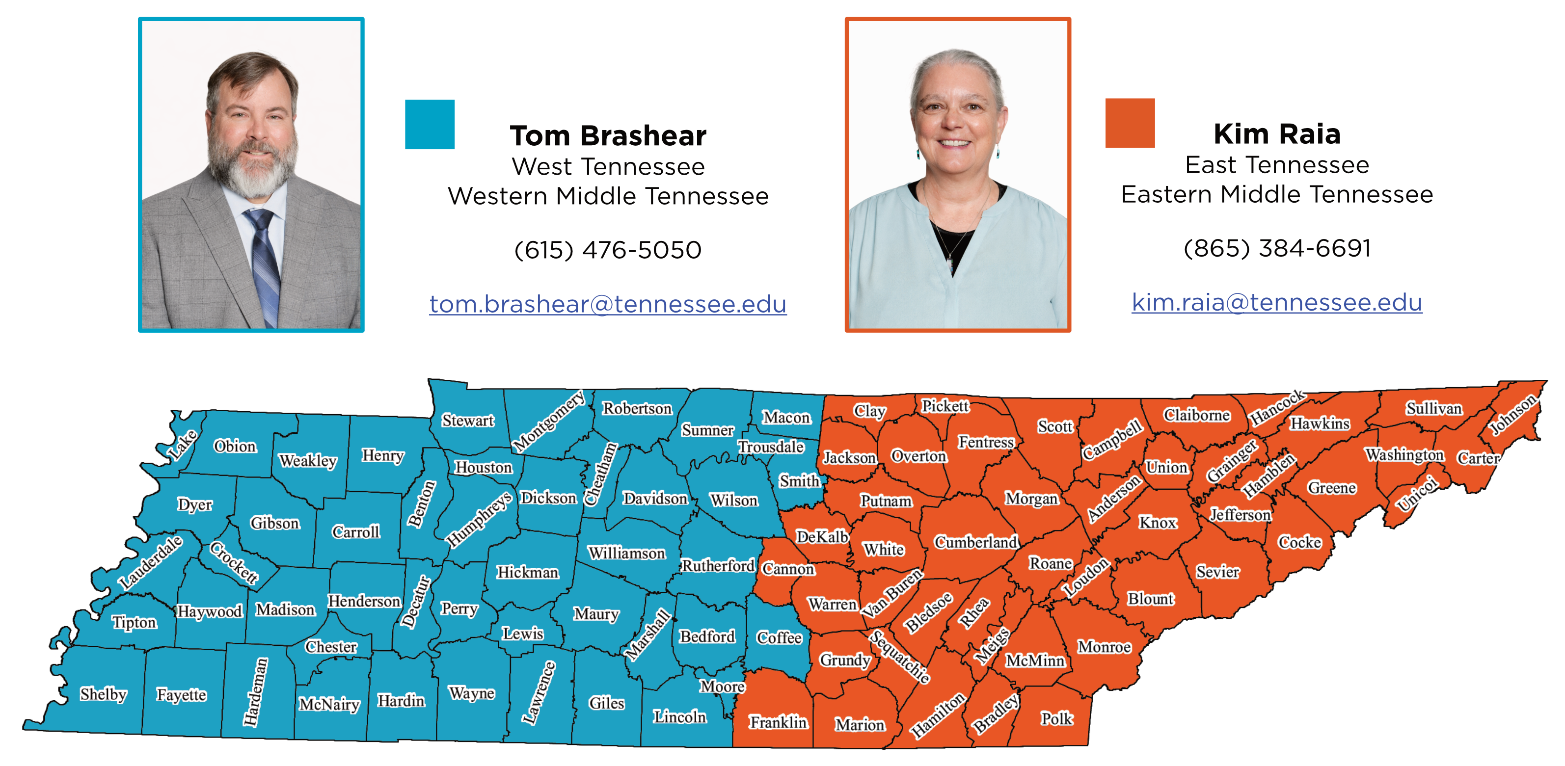 Tennessee map showing Environmental Services regions with staff headshots, names, regions served, and contact information for West, Middle, and East Tennessee.