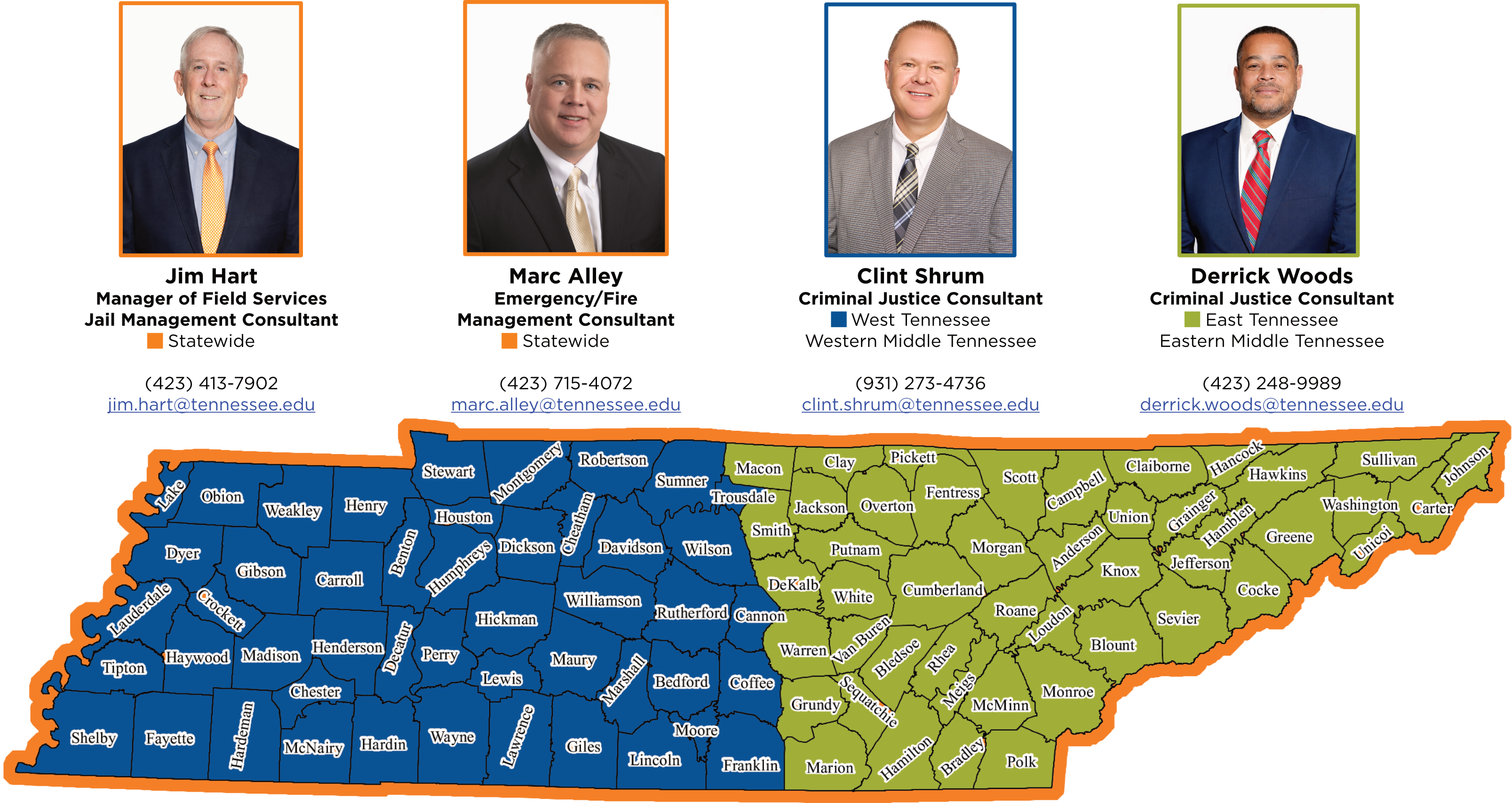 Tennessee map highlighting Public Safety Services coverage with consultant headshots, titles, regions served, and contact information statewide.