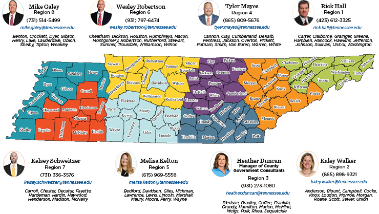 Tennessee map colored by regions with staff headshots, names, and contact details positioned around the map for regional field services coverage.