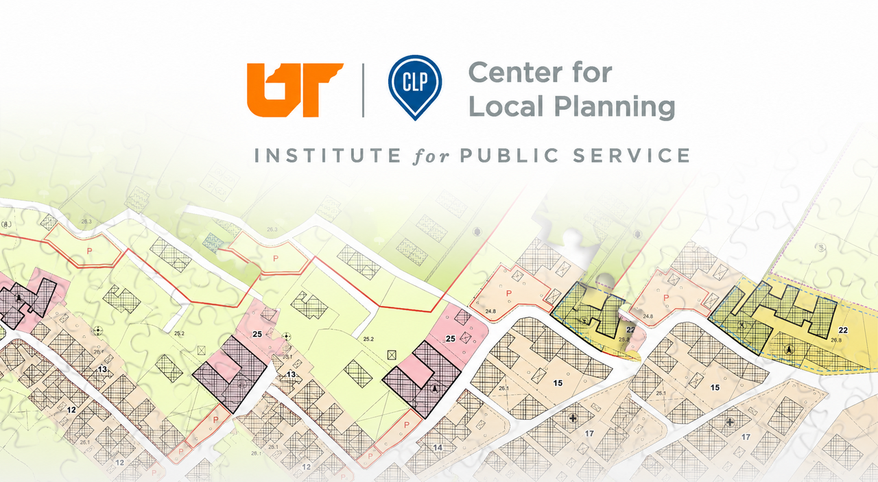 UT Institute for Public Service Center for Local Planning logo above a faded zoning or parcel map background with highlighted property sections in green, pink, and yellow.