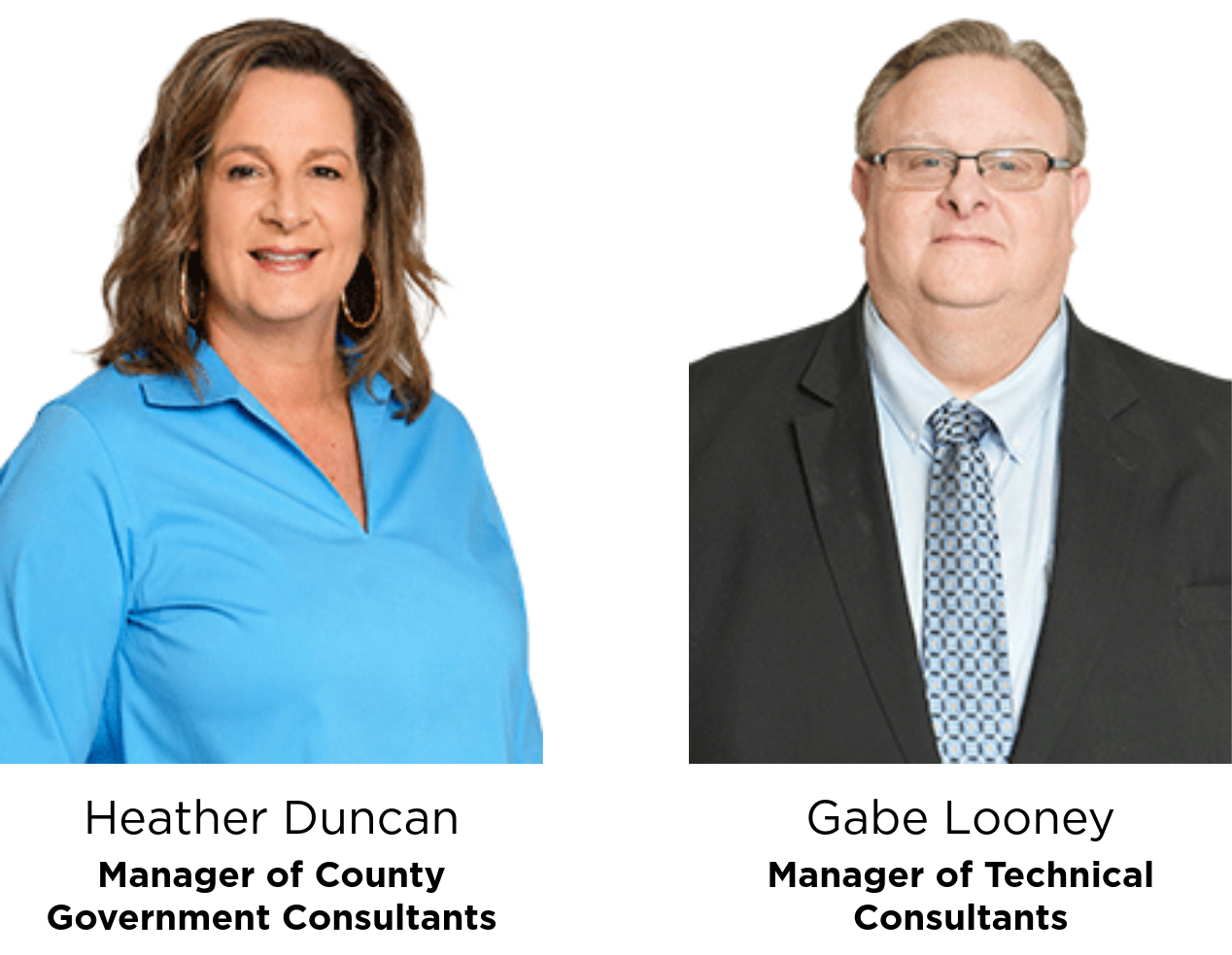 Headshots of Heather Duncan and Gabe Looney with their names and new manager titles below each of their respective headshots.