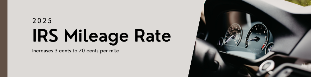 banner image with text of IRS Mileage Rate: Increases 3 cents to 70 cents per mile