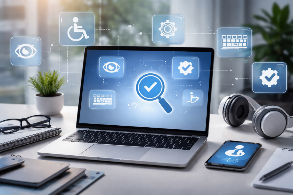Laptop on desk displaying accessibility compliance icons including wheelchair, eye, keyboard, and checkmark, with phone, headphones, and office items nearby